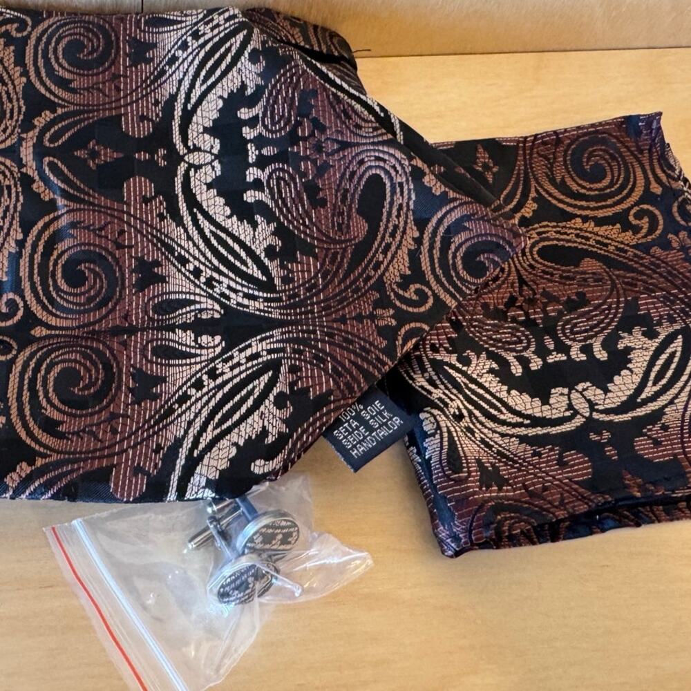 100% Silk Cravat Set Black Brown Paisley Tie Pocket Square Cufflinks Matching